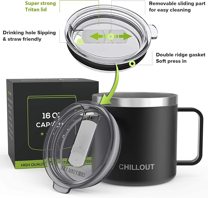 CHILLOUT LIFE Stainless Steel 16 oz Vacuum Insulated Coffee Mug with Handle and Lid, Large Thermal Camping Coffee Mug Cup with Durable Sliding Lid for Men & Women, Keeps your Beverages Hot &Cold