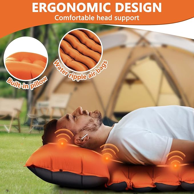 Sleeping Pad for Camping, Ultralight Inflatable Camping Mat with Pillow Built-in Foot Pump Sleeping Pads, Compact & Lightweight Camp Air Mattress for Backpacking, Hiking