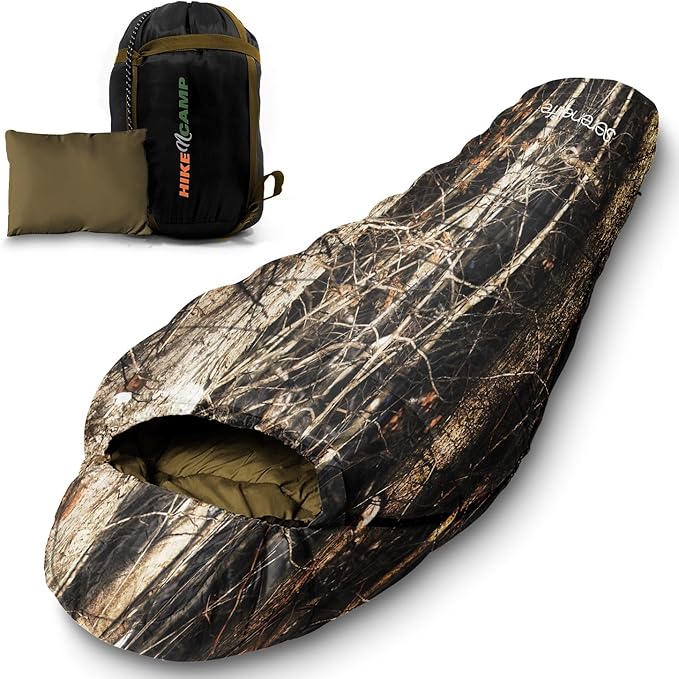 SereneLife 0 Degree Mummy Sleeping Bag – Military-Style, Lightweight & Waterproof for Extreme Cold, Stays Warm in 5–10°F, No-Snag Zipper, Compact Carry Bag & Travel Pillow for Camping & Backpacking