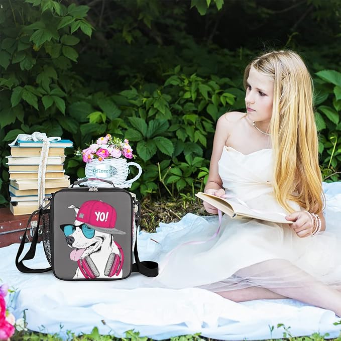 Grey Pink Dog Insulated Lunch Bag for Girls Boys Teen Funny Dog Reusable Lunch Box with Shoulder Strap Freezable Thermal Cooler Bag Meal Prep Boxs for School Travel Picnic Beach Lunch Pail