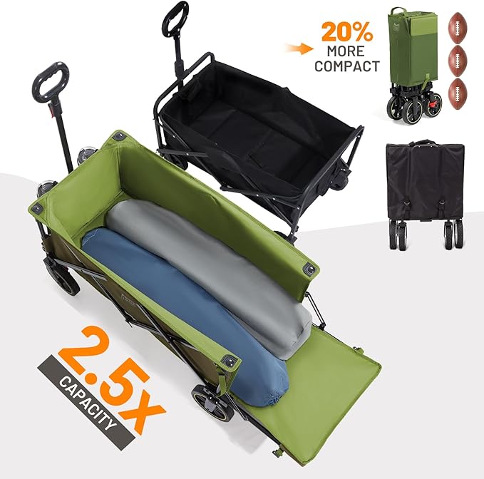 TIMBER RIDGE 49" Extra Long Collapsible Folding Wagon with Tailgate and Brakes, 300lbs Heavy Duty Foldable Wagon with Adjustable Handle, 250L Capacity Portable Cart for Outdoor Camping Sports, Green