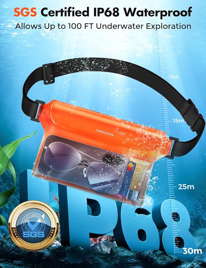 UNBREAKcable Waterproof Phone Pouch with Adjustable Waist Strap- 2 Pack [9.8'' Front window] [SGS IP68 Waterproof] [71'' Maximum Adjustable Waist Length] Waist Bag Screen Touchable Floating Dry Bag