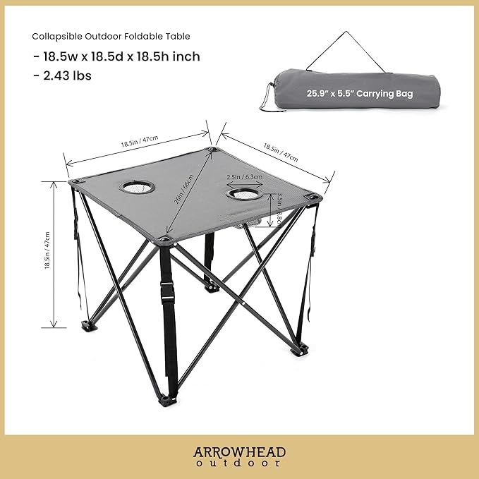 ARROWHEAD OUTDOOR 26” (66cm) Heavy-Duty Portable Camping Folding Table, 2 Cup Holders, Compact, Square, Carrying Case Included, Steel Frame, High-Grade 600D Canvas, USA-Based Support