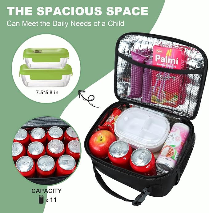 Kids Lunch Box for Boys Girls Lunch Bag Insulated Durable Lunchbox Children Lunch Tote Bag for School Black