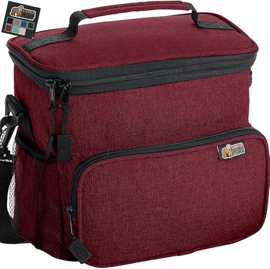 GORILLA GRIP Reusable Insulated Lunch Box Bag for Women Men, Large Leakproof Soft Cooler Bags, Multiple Compartments, Mesh Pockets, Adjustable Strap, Food Tote Keeps Drinks Cold, 8L, 10x9, Burgundy