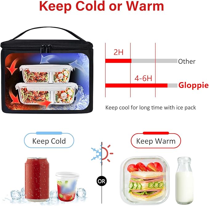 Gloppie Insulated Lunch Bag Lunch Box for Men Women Lunchbox Cooler Bag for Work Picnic, Idea for Gift, Black
