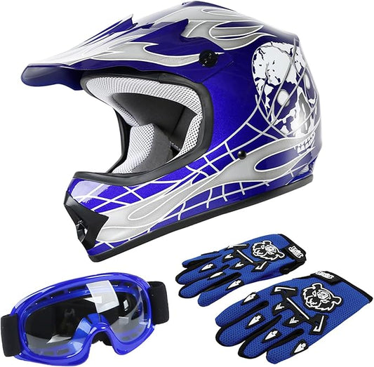TCT-MOTORPARTS DOT Youth Kids Motocross ATV Helmets Offroad Street Dirt Bike Go-Kart BMX MX Full Face Helmet Blue Skull Medium Size