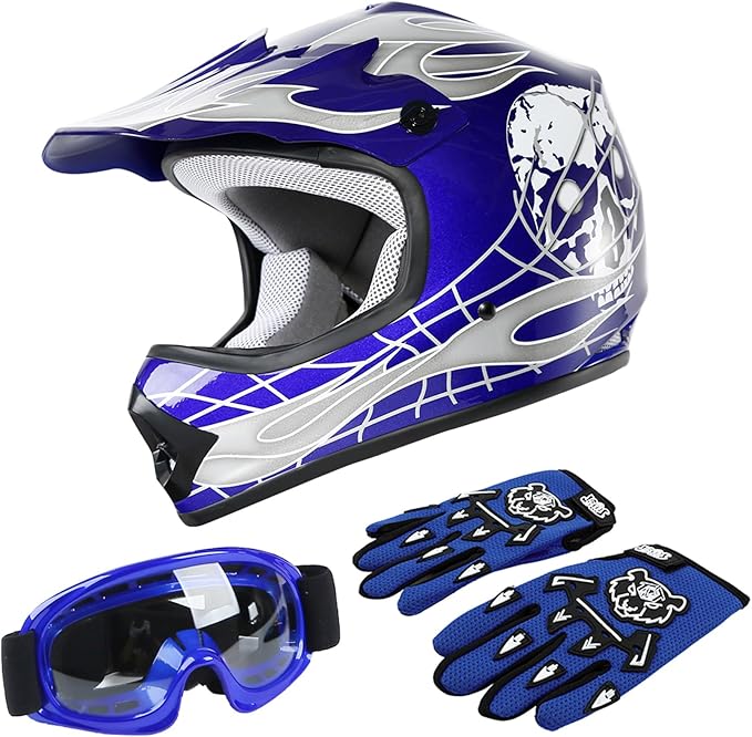 TCT-MOTORPARTS DOT Youth Kids Motocross ATV Helmets Offroad Street Dirt Bike Go-Kart BMX MX Full Face Helmet Blue Skull Large Size