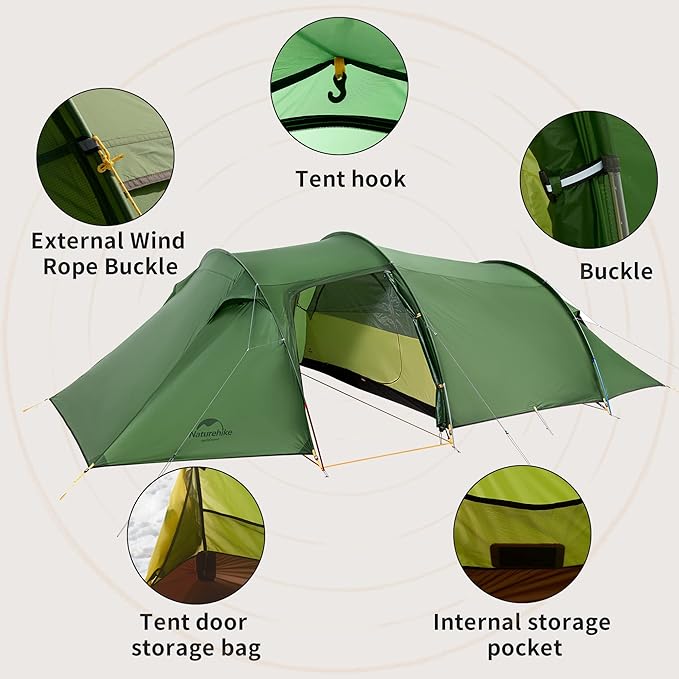 Naturehike Opalus Tunnel Backpacking Tent for 2-3 Person, 2 Person 3 Person Backpacking Tent, Lightweight Camping Tent with Footprint & Vestibule