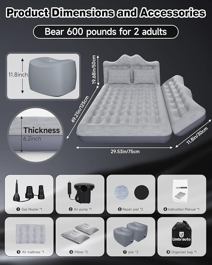 Umbrauto Car Air Mattress Bed: Inflatable SUV Camping Sleeping Pad for Truck Back Seat with Pump & Pillows, Blow Up Backseat Car Mattress for Van Rear Seat