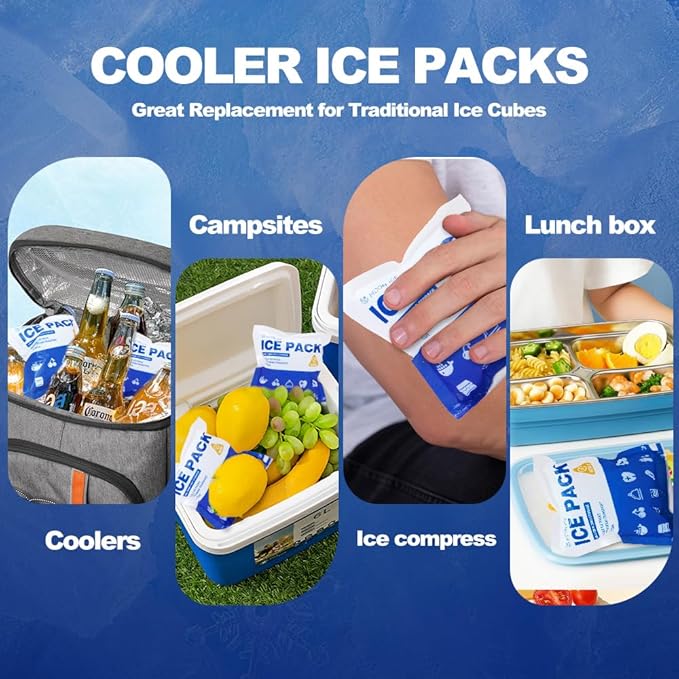 Blue Ice Packs for Coolers, Shipping and Lunch Box | Cold for Up to 48 Hours | Slim Size Long-Lasting Reusable Ice Pack | Gel Freezer Packs for Camping, Beach, Fishing, Shipping Food