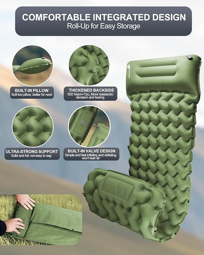 Inflatable Camping Sleeping Pad with Pillow & Foot Pump, 3"x79"x26" Single Camping Air Mattress, Compact Roll-Up, Quick-Dry & Durable Sleeping Mat for Backpacking, Hiking, Tent, Travel – Grass Green