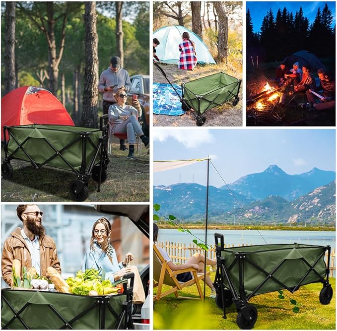 Folding Portable Large Sturdy Camping Wagon Carts, Utility Grocery Shopping Cart, Garden Farm Transport Cart, 360°Swivel Wheels & Brakers, Green