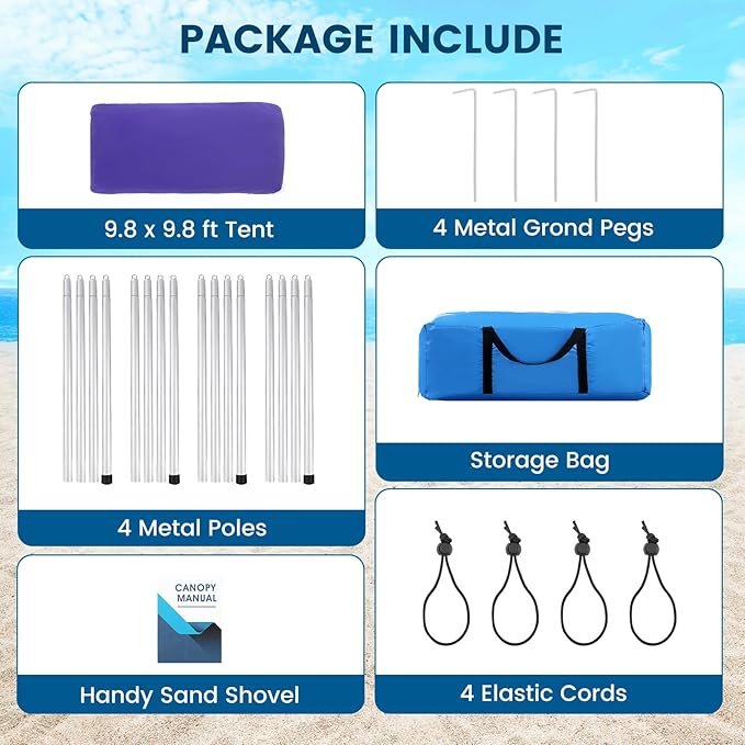 Beach Tent Sun Shelter - 10 x 10 Ft Beach Canopy UPF50+ UV Protection with Sandbags, Poles, Grond Pegs and Anti-Wind Ropes for Camping, Fishing, Backyard and Picnics
