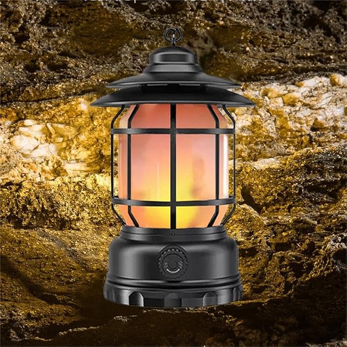 Rechargeable Camping Lantern, Flame Decorative Table Lamp, 2 Modes LED Light with Hook,Dimmable Vintage Style,Portable Waterproof Camping Light for Indoor/Outdoor Use