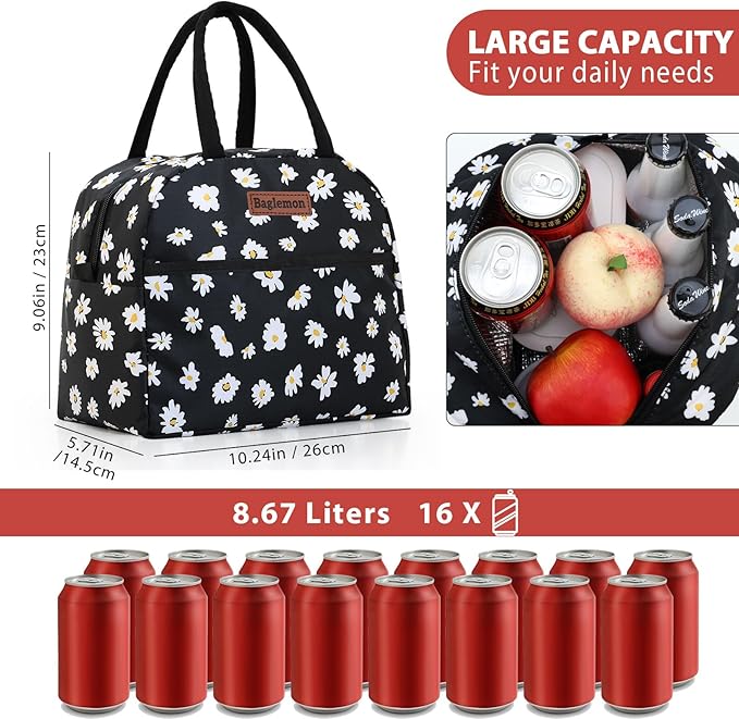 Insulated Lunch Bag for Women Men, Lunch Containers Reusable High Capacity Lunch Tote Bags for for Work Picnic(Black Daisy)