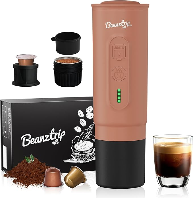 Portable Espresso Maker with Self-Heating, 2-in-1 Coffee Machine with Ground Coffee & NS Capsule, Khaki 7800mAh Espresso Machine for Travel, Outdoorlife, OfficeLife, BusinessTrip