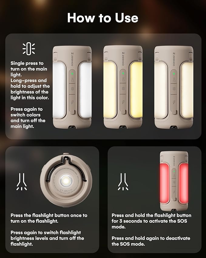 Rechargeable LED Camping Lantern, Camping Lights with Flashlights, Waterproof Tent Light with 4 Light Modes, Camping Essentials, 6000mAh Power Bank, for Camping, , Hiking, Power (Brown)