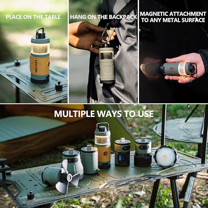 7-in-1 Modular Camping Lantern Rechargeable, 5000mAh, 500LM, IPX4 Waterproof, Fan, Bluetooth, Multi-Function Portable Flashlight, Camping Essentials Set for Emergency, Hiking, Fishing (Green)