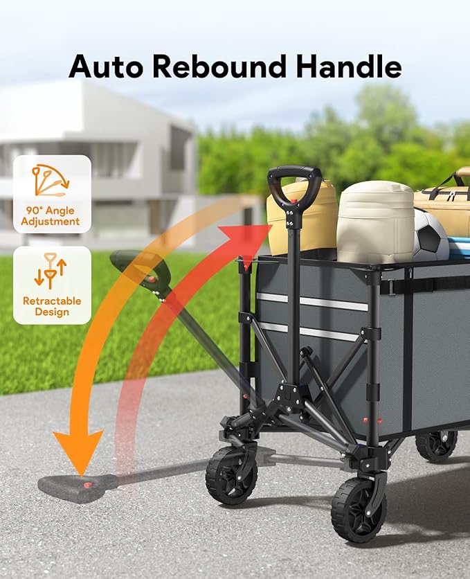 Collapsible Wagon Cart with Wheels 220lbs Foldable Wagon 120L Shopping Cart for Groceries Folding Utility Wagon for Beach, Garden, Camping, Sport, Apartment, Wheelbarrows, Gray