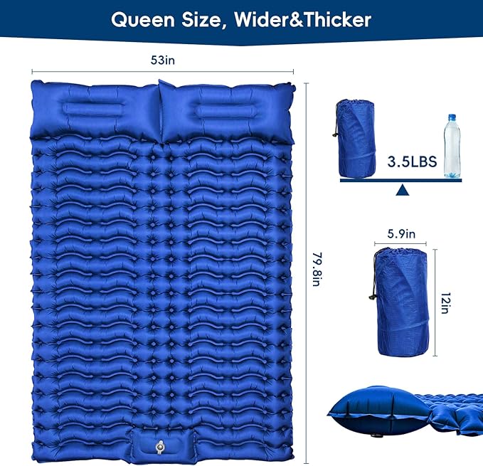 Double Sleeping Pad for Camping, Self Inflating 4" Extra-Thick Camping Mattress Pad 2 Person with Pillow, Built-in Foot Pump, Ultralight Camping Bed Mat for Backpacking Hiking Traveling Tent