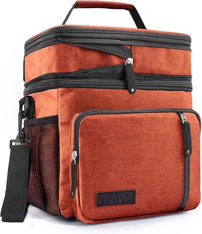 Men's Double/Women's Compartment Lunch bag, Insulated Lunch Cooler Tote 2 Roomy Large Reusable Water-resistant Lunch box (Orange)