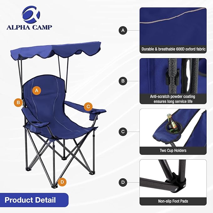 ALPHA CAMP Oversized Camping Chair with Shade Canopy, Folding Lawn Chairs