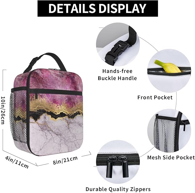 Fashion Marble Lilac Gold Purple Insulated Lunch Bag Reusable Cooler Lunch Box Portable Leakproof Thermal Container Tote Bags for Girls Boys School Travel