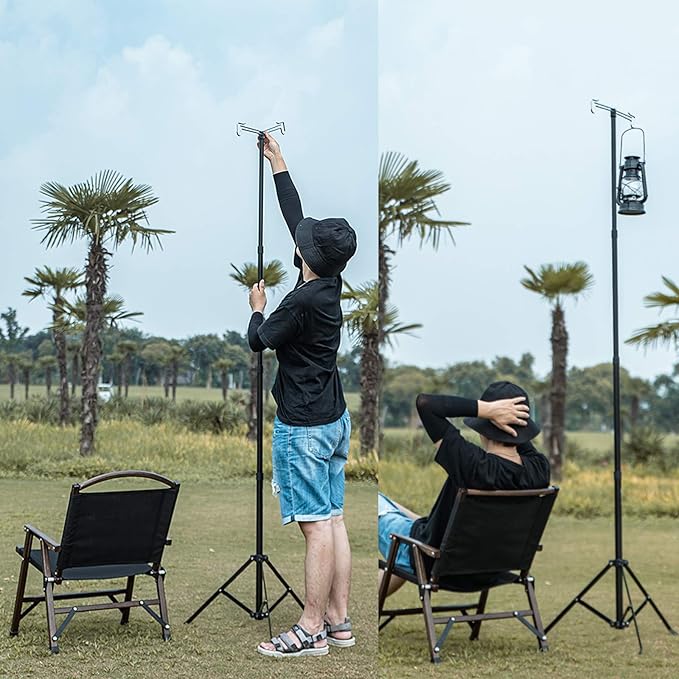 OMUKY Telescopic Lantern Stand with Base Outdoor Camping Lamp Stand Pole Adjustable Lantern Pole (Black)