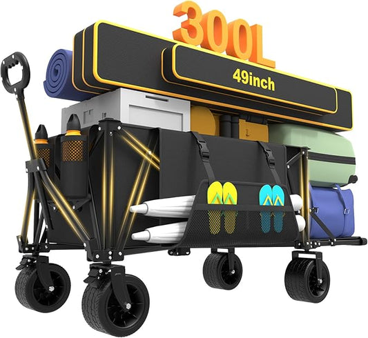 ZENPETIO 49" Collapsible Wagons Carts Foldable with Tailgate, 300L Heavy Duty Folding Wagon Cart with Big All-Terrain Beach Wheels, 360 LBS Capacity Portable Utility Wagon for Garden Outdoor Camping