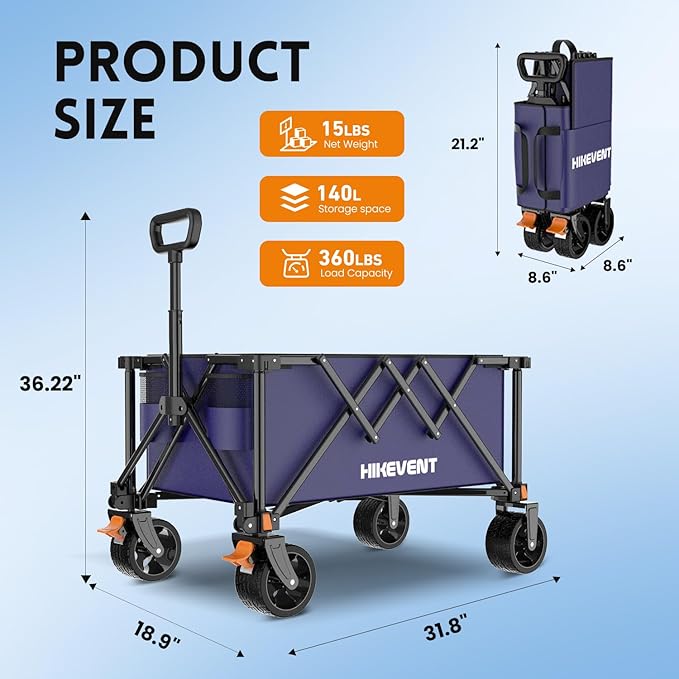 Collapsible Wagon Cart, 360LBS Heavy Duty Foldable Beach Wagon with Wider Wheels, Utility Grocery Shopping Cart for Garden, Camping, Sports, Blue