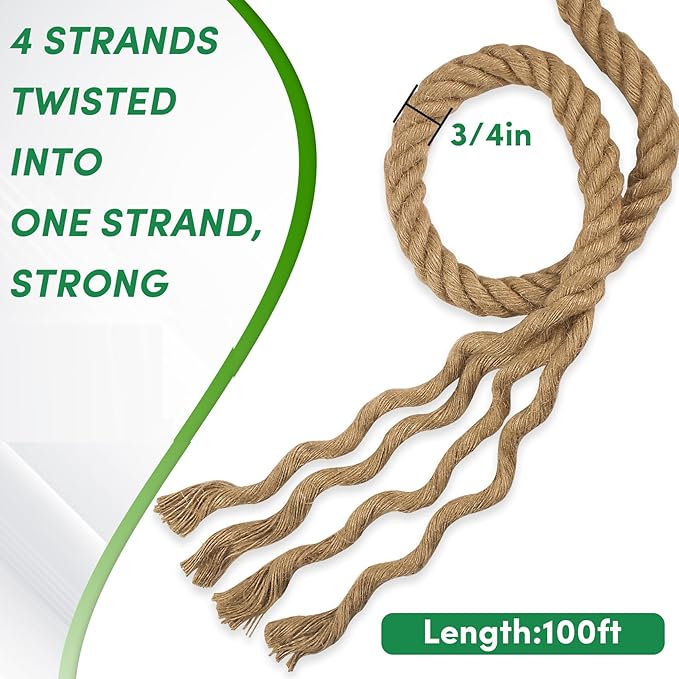 Manila Rope 3/4 Inch x 100ft - Natural Hemp Rope,Heavy Duty 4-Strand Twisted Ropes for Use for Hammock, Docks, Bundling, Home Decor, Crafts, Gardening (100 Feet, 0.75" Thick)