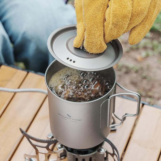 iBasingo 750ml Titanium Pot Camping Mug with Lid Tea Outdoor Ultra-light Coffee Water Cup Portable Hiking Backpacking Cooking Kit Picnic Cooking Kit with Foldable Handle Ti3037D