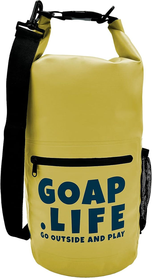 GOAP 10L Waterproof Dry Bag for Beach, Fishing, Camping, and Hiking - Rolltop Design with Crossbody Strap, Water Bottle Pocket, and Zipper Pocket