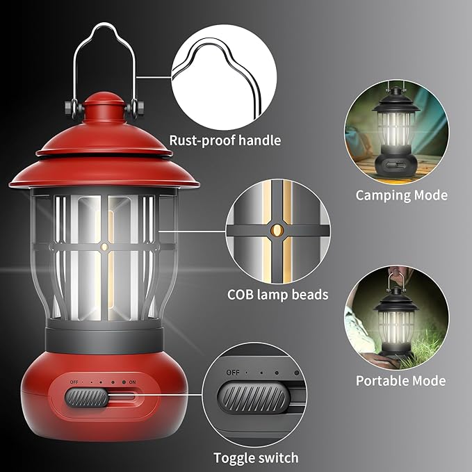 Camping Lamp, COB Lantern for Power Outage, Emergency Supplies, Suitable for Indoor and Outdoor, Portable Red