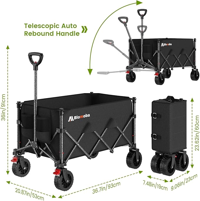 Folding Wagon Cart with Wheels, 180L 330LBS Heavy Duty Utility Wagon, Beach Wagon with All-Terrain Wheels, Portable Grocery Wagons for Camping, Shopping, Garden, Sports, Black