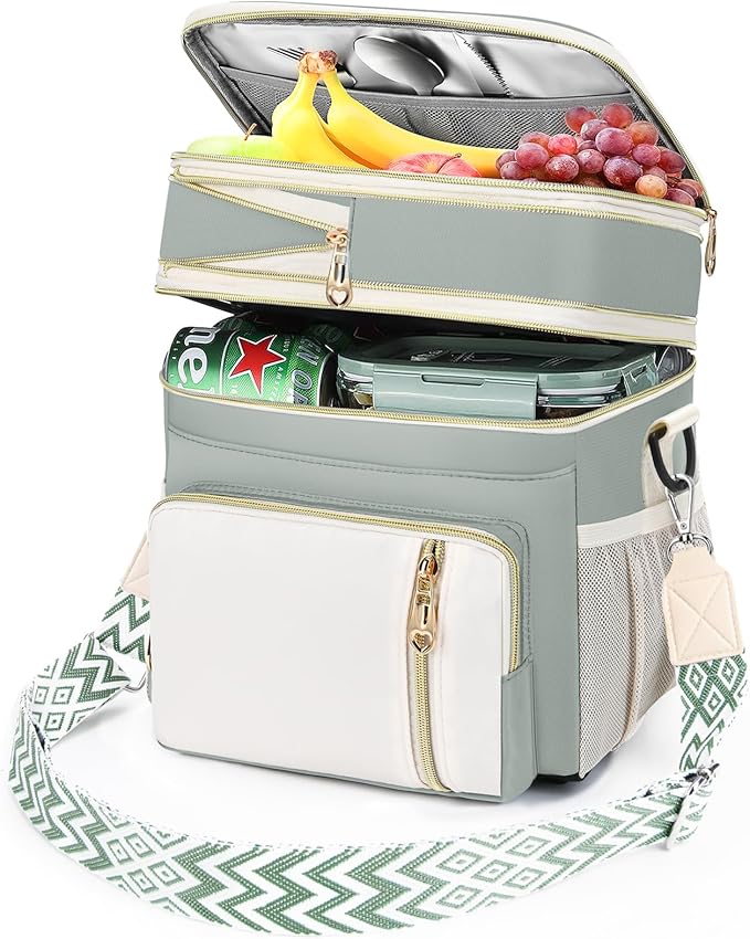 LOKASS Lunch Box for Women-16L-Insulated Lunch Bag Women, Expandable Double-layer Leakproof Cooler Bag with Upgrade Adjustable Shoulder Strap Ideal for Work/Travel/Picnics（Olive Green）