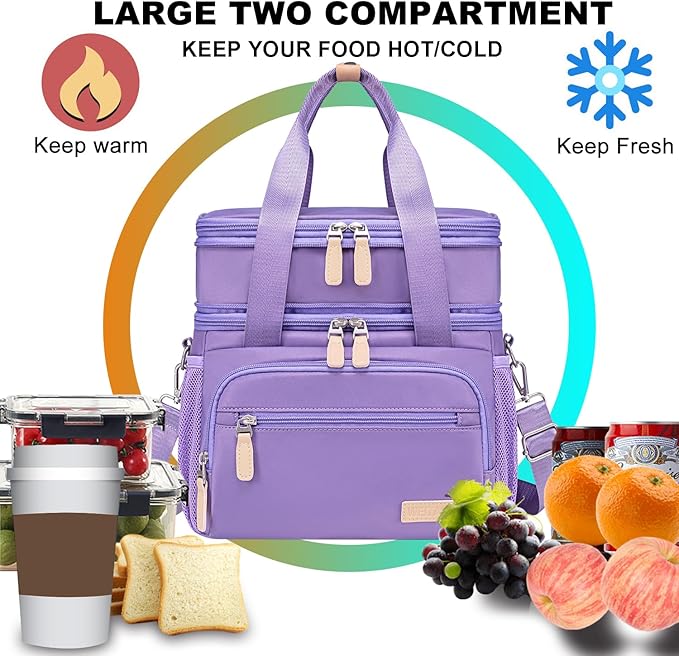 Weitars Insulated Lunch Box for Women Men-Dual Compartment Waterproof Reusable Large Lunch Bag Wide-Open Tote Cooler Bag for Working Picnic Hiking (15L) (Purple)