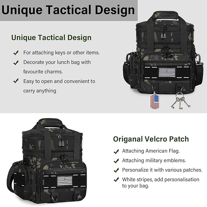 Expandable Tactical Lunch Box, Large Insulated Lunch Cooler Bag Heavy Duty Leakproof Lunch Pail for Men Adults Work Office Outdoor Picnic Trips,16L,Black-Camo