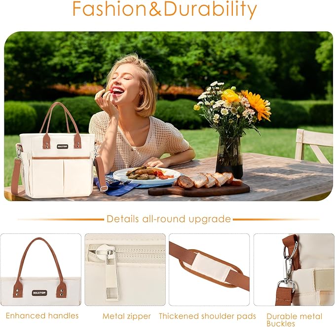 MAXTOP Lunch Bag Women for Work Insulated Thermal Lunch Box with Wide-Open Pocket Reusable Leakproof Cooler Bags with Removable Shoulder Strap for Teacher Nurse Office Picnic Travel Brown