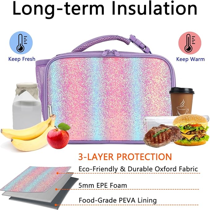 Insulated Lunch Box for School, Thermal Reusable Durable Freezable Lunch Bags for Kids Boys Girls Men Women - Small Soft Cooler Portable Lunch Tote Kit for Work Picnic Travel,Purple Glitter
