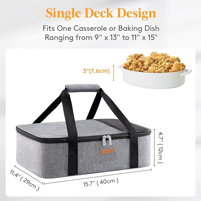 Insulated Casserole Carrier for Hot or Cold Food, Lasagna Lugger Tote for Potluck Parties/Picnic/Cookouts, Fits 9"x13" Baking Dish, Grey