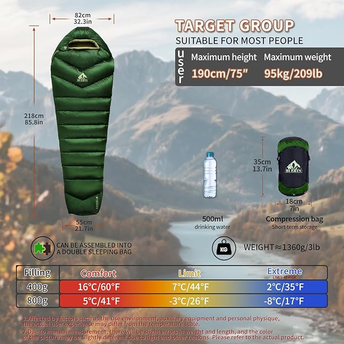 Down Sleeping Bag 620FP,3 Season Ultralight Sleeping Bag for Adults & Teens, Lightweight, Compact for Hiking, Camping & Backpacking.