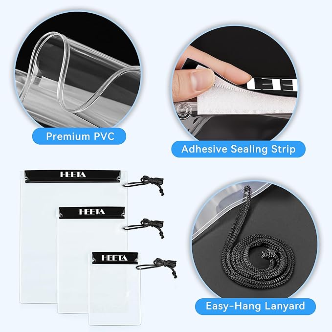 HEETA 5-Pack Clear Waterproof Dry Bag, Water Tight Cases Pouch Dry Bags for Camera Mobile Phone Maps, Kayaking Boating Document Holder