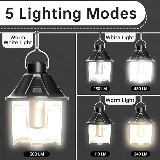 LED Camping Lantern Rechargeable, Waterproof Survival Camping Light, Portable Lantern Flashlight Tent Light with 5 Light Modes for Hurricane, Hiking, Camping, Power Outages (Black)