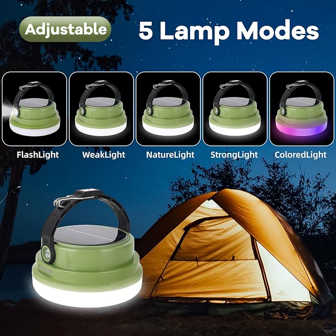 Solar Camping Lantern Rechargeable, 2-in-1 10000mAh Rechargeable Camping Light and Phone Charger for Hiking,Travel - Emergency Hanging Light for Hurricane, Power Outage, 200W, Green