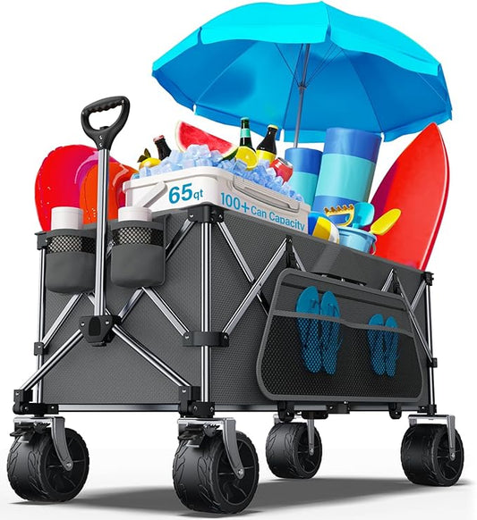 Collapsible Wagon, 440lbs Wagons Carts Foldable with Big Wheels, Heavy Duty Utility Folding Wagon for Garden Camping Grocery Beach-Dark Gray