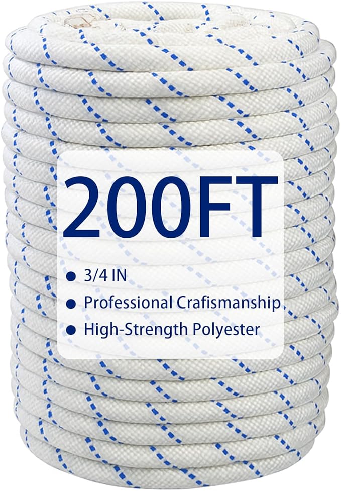 3/4 Inch x 200 Ft Double Braid Polyester Rope, 24 Strand Bull Rope Up to 20000Lbs Tensile Strength, Multipurpose Polyester Pulling Rope for Tree Work, Camping, Swings, Blue White