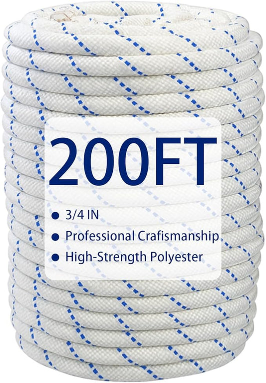 3/4 Inch x 200 Ft Double Braid Polyester Rope, 24 Strand Bull Rope Up to 20000Lbs Tensile Strength, Multipurpose Polyester Pulling Rope for Tree Work, Camping, Swings, Blue White