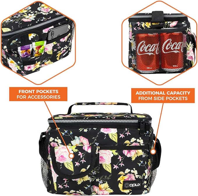 opux Insulated Lunch Bag for Men Women, Leakproof Floral Black Lunch Box for Work, Portable Soft Lunch Cooler Bag with Shoulder Strap, Adult Lunchbox Lunch Pail for Kid Boy Girl School, 14 Can/8L